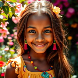 A stunning portrait of a beautiful brown-skinned girl with long, flowing hair, adorned with vibrant, colorful accessories