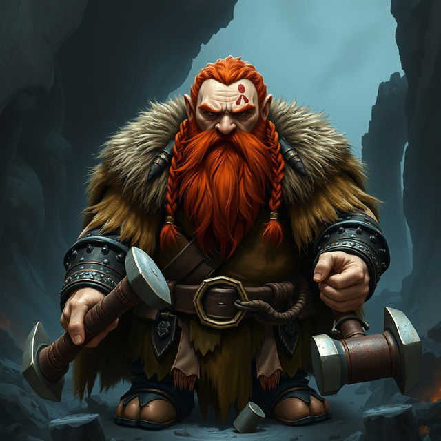 A large, stout dwarf with braided reddish hair and a long, adorned beard