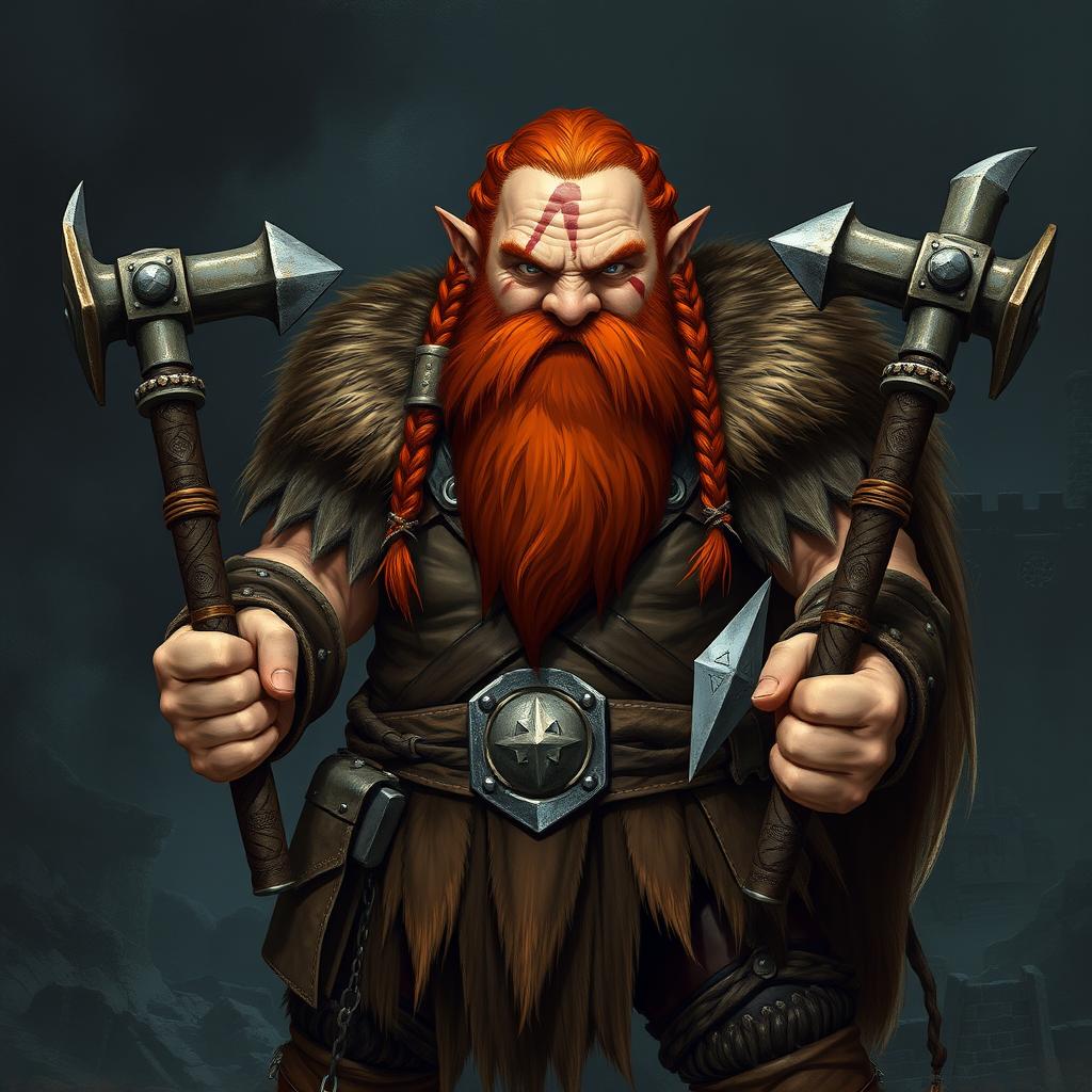 A large, stout dwarf with braided reddish hair and a long, adorned beard