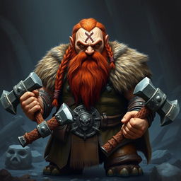 A large, stout dwarf with braided reddish hair and a long, adorned beard