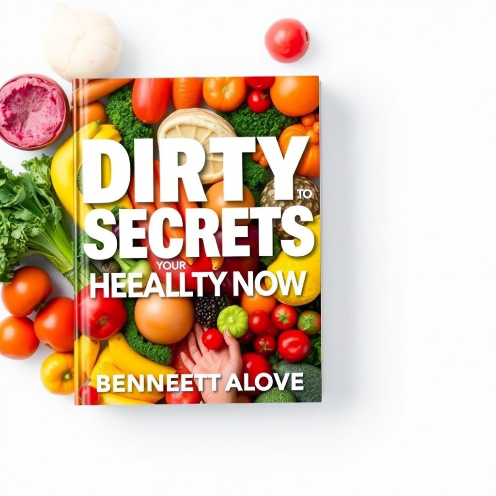 A vibrant and inviting book cover design featuring the title 'Dirty Secrets to Revolutionize Your Health Now' in large, bold font and the author's name 'Bennett Alcove'