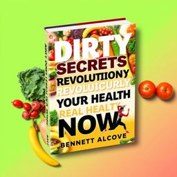 A vibrant and inviting book cover design featuring the title 'Dirty Secrets to Revolutionize Your Health Now' in large, bold font and the author's name 'Bennett Alcove'