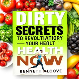 A vibrant and inviting book cover design featuring the title 'Dirty Secrets to Revolutionize Your Health Now' in large, bold font and the author's name 'Bennett Alcove'