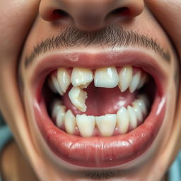 A close-up view of a person's mouth showing a broken tooth, with attention to detail on the jagged edges of the broken tooth and the surrounding healthy teeth