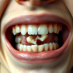 A close-up view of a person's mouth showing a broken tooth, with attention to detail on the jagged edges of the broken tooth and the surrounding healthy teeth