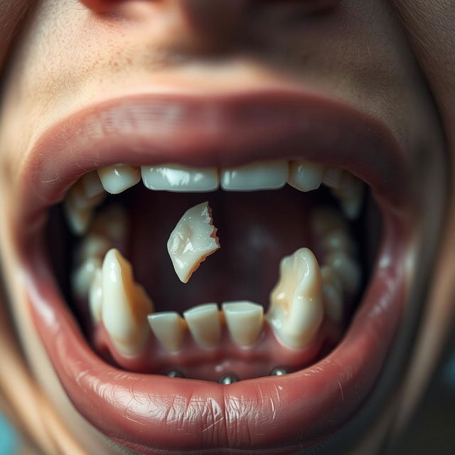 A close-up view of a person's mouth showing a broken tooth, with attention to detail on the jagged edges of the broken tooth and the surrounding healthy teeth