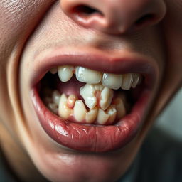A close-up view of a person's mouth showing a broken tooth, with attention to detail on the jagged edges of the broken tooth and the surrounding healthy teeth