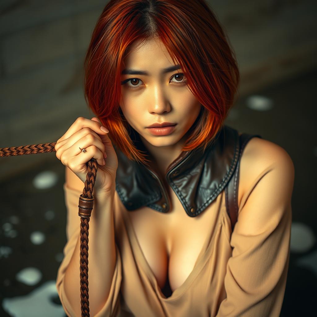 A red-haired Asian woman wearing a thick leather collar is holding onto a leash, gently pulling it as she gazes at the viewer with a sad expression