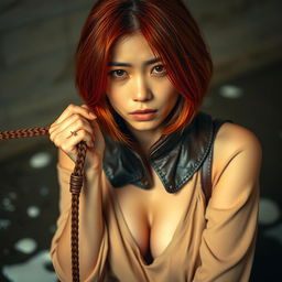 A red-haired Asian woman wearing a thick leather collar is holding onto a leash, gently pulling it as she gazes at the viewer with a sad expression