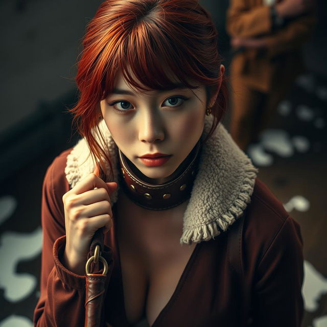 A red-haired Asian woman wearing a thick leather collar is holding onto a leash, gently pulling it as she gazes at the viewer with a sad expression