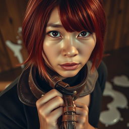 A red-haired Asian woman wearing a thick leather collar is gently tugging on a leash while looking directly at the viewer with a sad expression