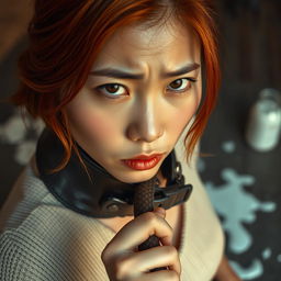 A red-haired Asian woman wearing a thick leather collar is gently tugging on a leash while looking directly at the viewer with a sad expression