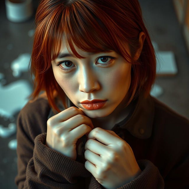 A red-haired Asian woman wearing a thick leather collar is gently tugging on a leash while looking directly at the viewer with a sad expression