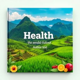 A flat cover design featuring a realistic photo of lush green landscapes with rice paddies and majestic mountains, symbolizing natural health and sustainability