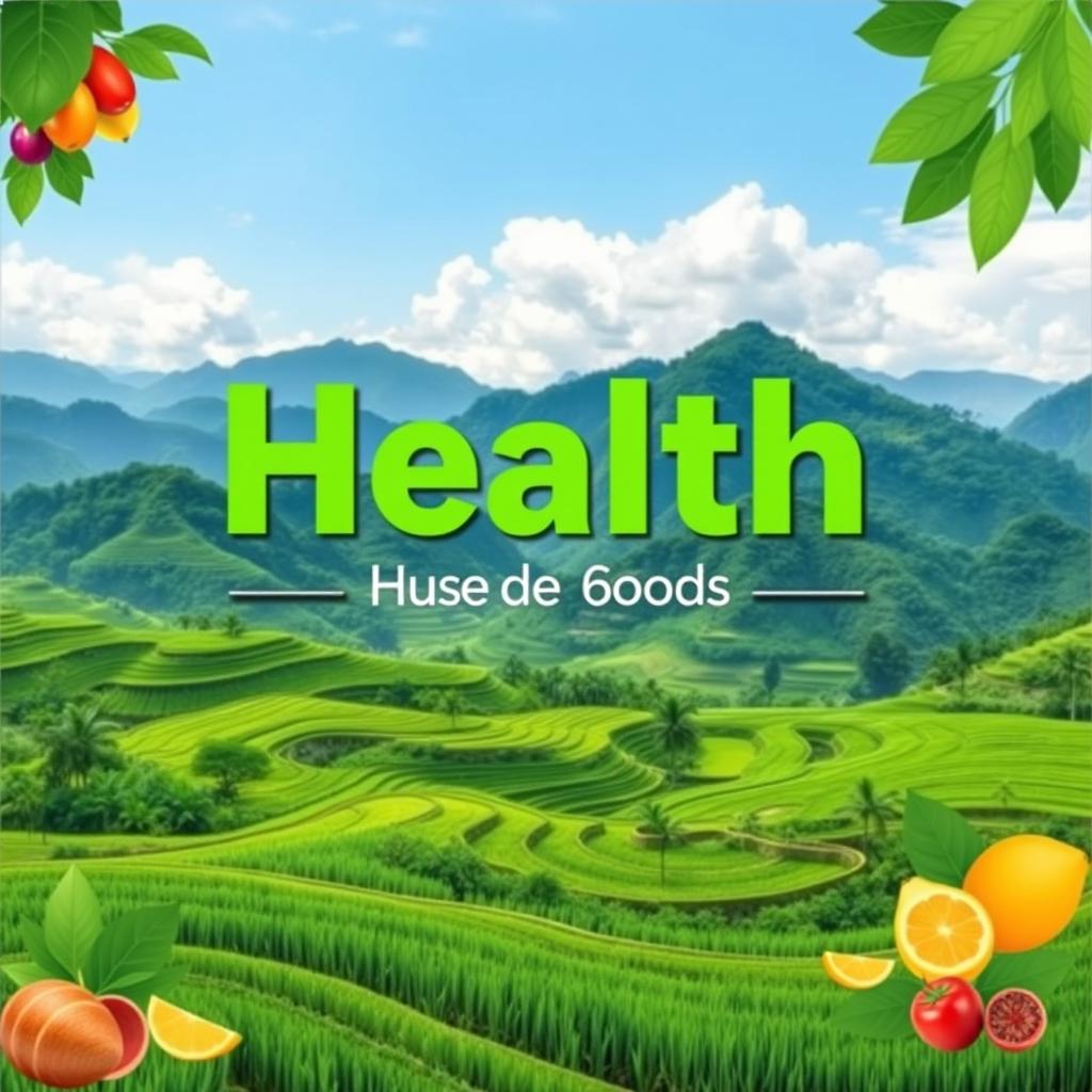 A flat cover design featuring a realistic photo of lush green landscapes with rice paddies and majestic mountains, symbolizing natural health and sustainability