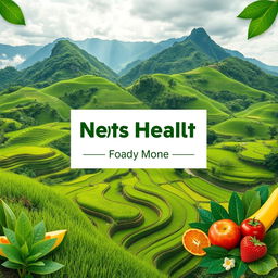 A flat cover design featuring a realistic photo of lush green landscapes with rice paddies and majestic mountains, symbolizing natural health and sustainability