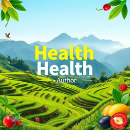 A flat cover design featuring a realistic photo of lush green landscapes with rice paddies and majestic mountains, symbolizing natural health and sustainability