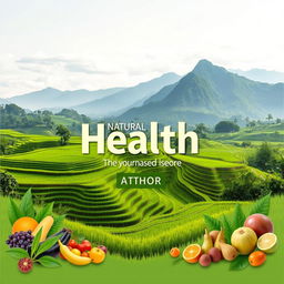 A flat cover design featuring a realistic photo of lush green landscapes with rice paddies and majestic mountains in the background, symbolizing natural health and sustainability