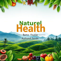 A flat cover design featuring a realistic photo of lush green landscapes with rice paddies and majestic mountains in the background, symbolizing natural health and sustainability