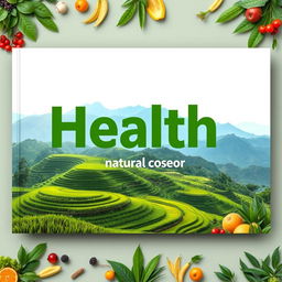 A flat cover design featuring a realistic photo of lush green landscapes with rice paddies and majestic mountains in the background, symbolizing natural health and sustainability
