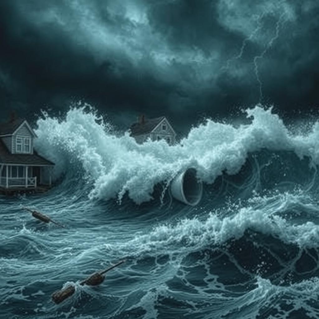 A dramatic scene depicting massive waves crashing violently against houses and shops, showcasing the ocean water surging forward with unstoppable force