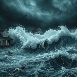 A dramatic scene depicting massive waves crashing violently against houses and shops, showcasing the ocean water surging forward with unstoppable force