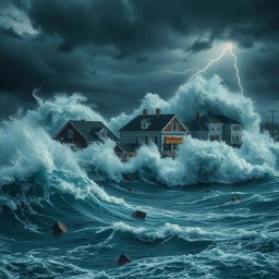 A dramatic scene depicting massive waves crashing violently against houses and shops, showcasing the ocean water surging forward with unstoppable force