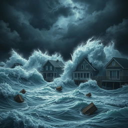A dramatic scene depicting massive waves crashing violently against houses and shops, showcasing the ocean water surging forward with unstoppable force