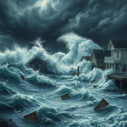 A dramatic scene depicting massive waves crashing violently against houses and shops, showcasing the ocean water surging forward with unstoppable force