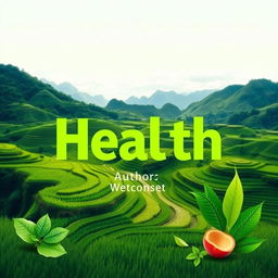 A flat cover design featuring a realistic photo of lush green landscapes with rice paddies and mountains in the background, symbolizing natural health and sustainability