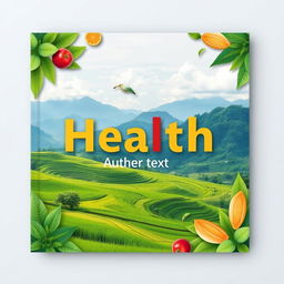 A flat cover design featuring a realistic photo of lush green landscapes with rice paddies and mountains in the background, symbolizing natural health and sustainability