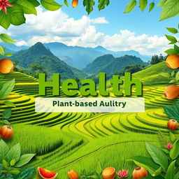 A flat cover design featuring a realistic photo of lush green landscapes with rice paddies and mountains in the background, symbolizing natural health and sustainability