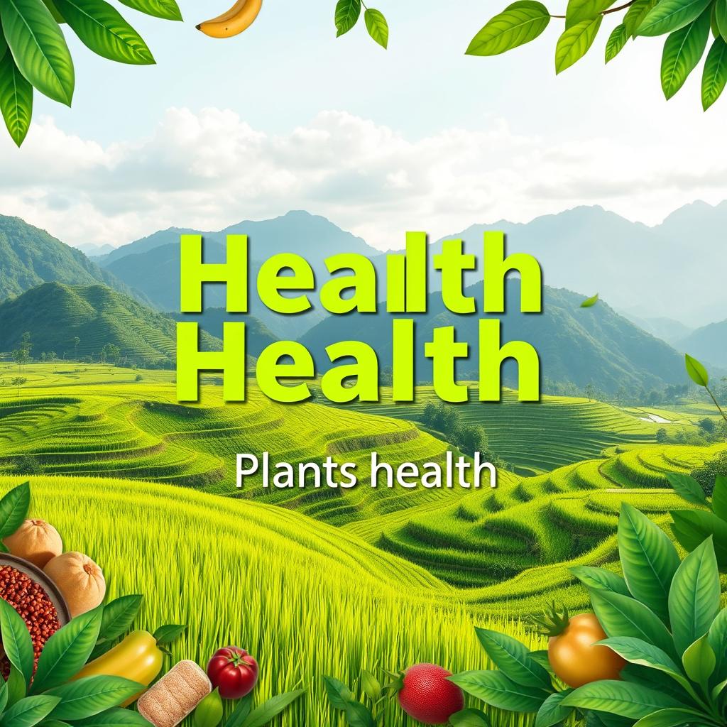 A flat cover design featuring a realistic photo of lush green landscapes with rice paddies and mountains in the background, symbolizing natural health and sustainability