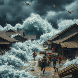 A dramatic scene depicting massive waves violently crashing against a traditional market and surrounding houses