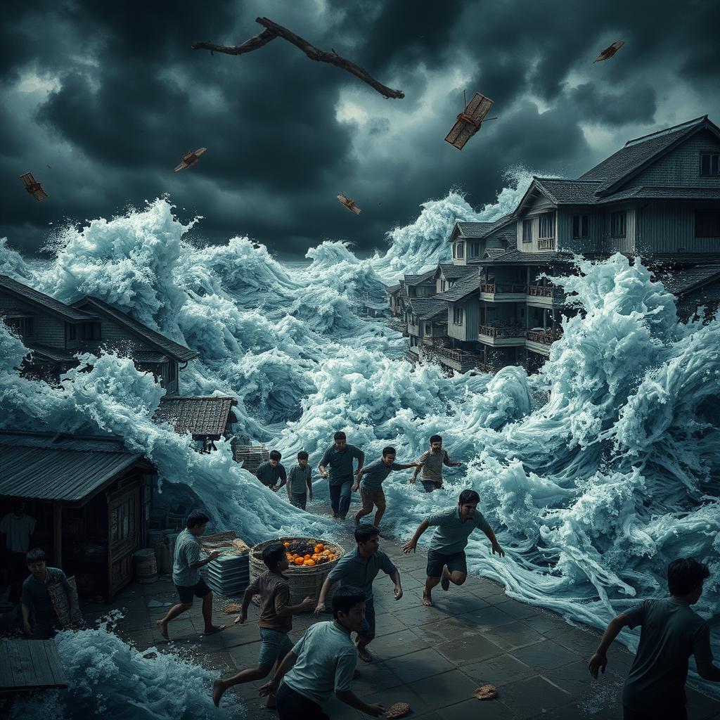 A dramatic scene depicting massive waves violently crashing against a traditional market and surrounding houses