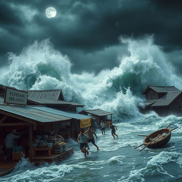 A dramatic scene depicting massive waves violently crashing against a traditional market and surrounding houses