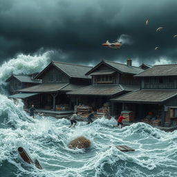 A dramatic scene depicting massive waves violently crashing against a traditional market and surrounding houses
