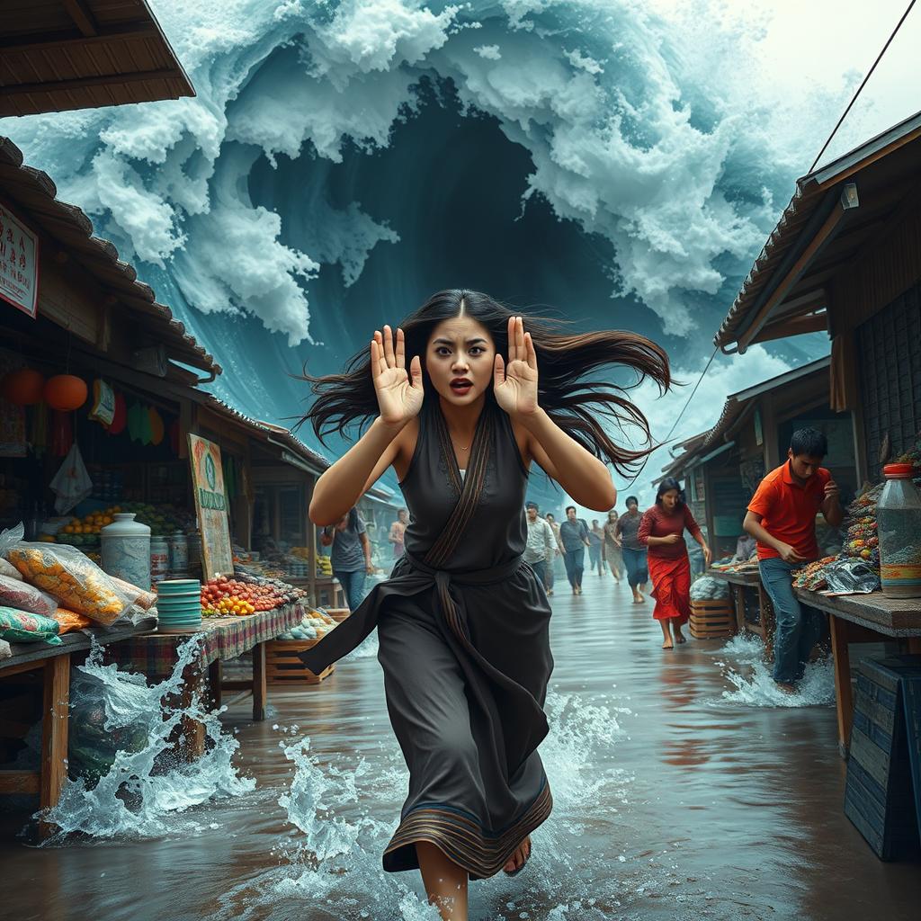 A large wave crashing into a traditional market, sweeping away wooden stalls and colorful goods