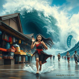 A large wave crashing into a traditional market, sweeping away wooden stalls and colorful goods