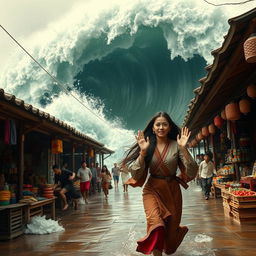A large wave crashing into a traditional market, sweeping away wooden stalls and colorful goods