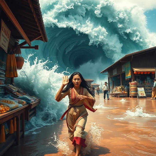 A large wave crashing into a traditional market, sweeping away wooden stalls and colorful goods