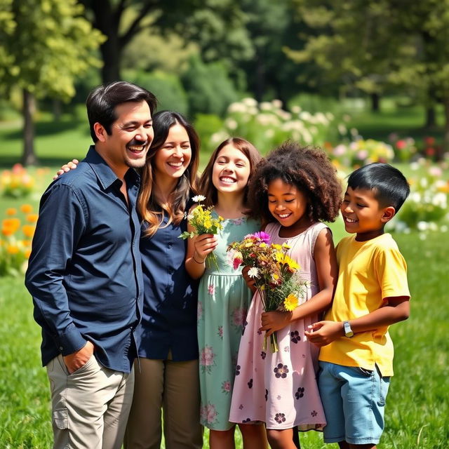 A warm and joyful family portrait featuring a diverse family of four: a father, a mother, a daughter, and a son
