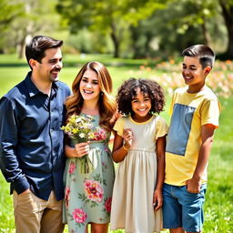 A warm and joyful family portrait featuring a diverse family of four: a father, a mother, a daughter, and a son