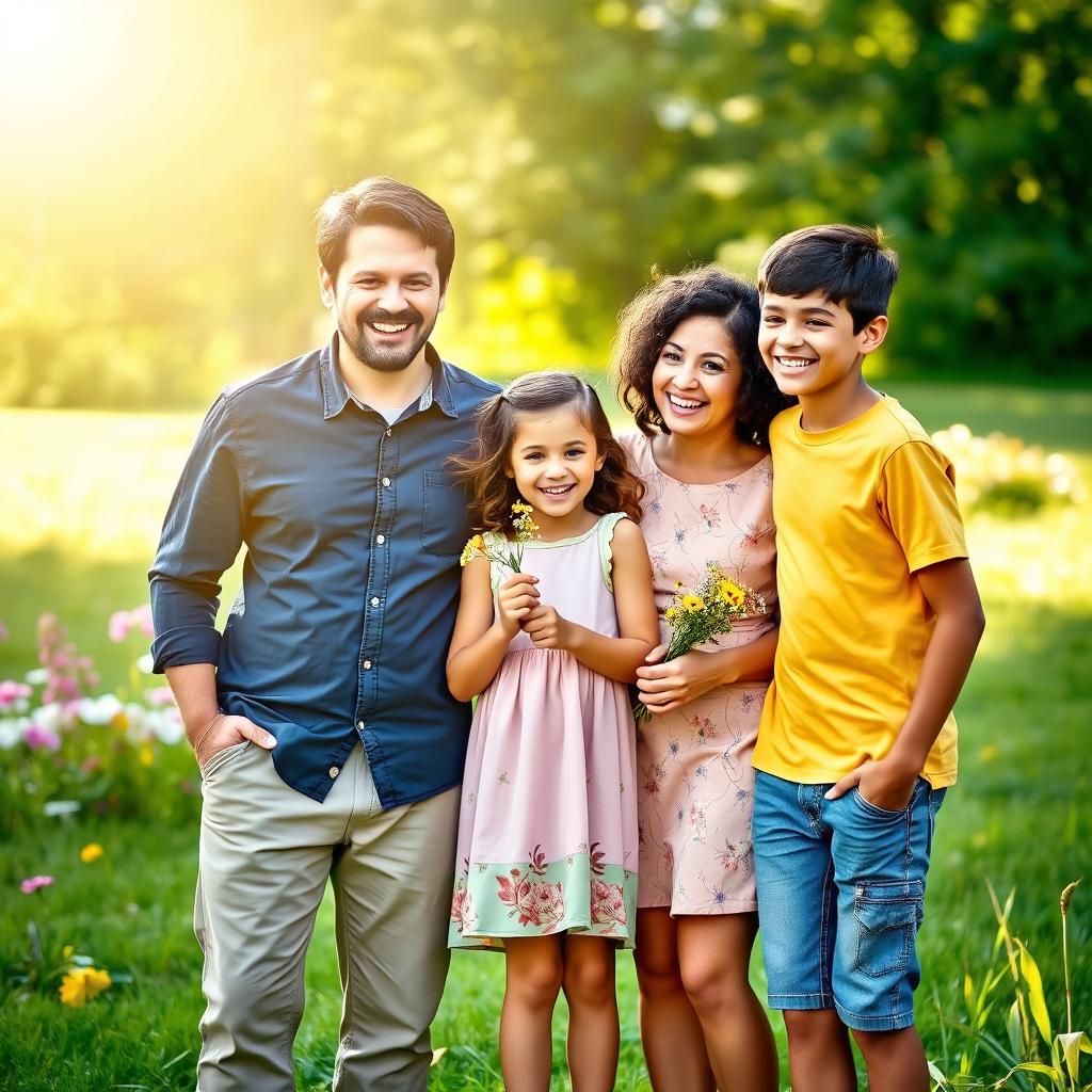 A warm and joyful family portrait featuring a diverse family of four: a father, a mother, a daughter, and a son