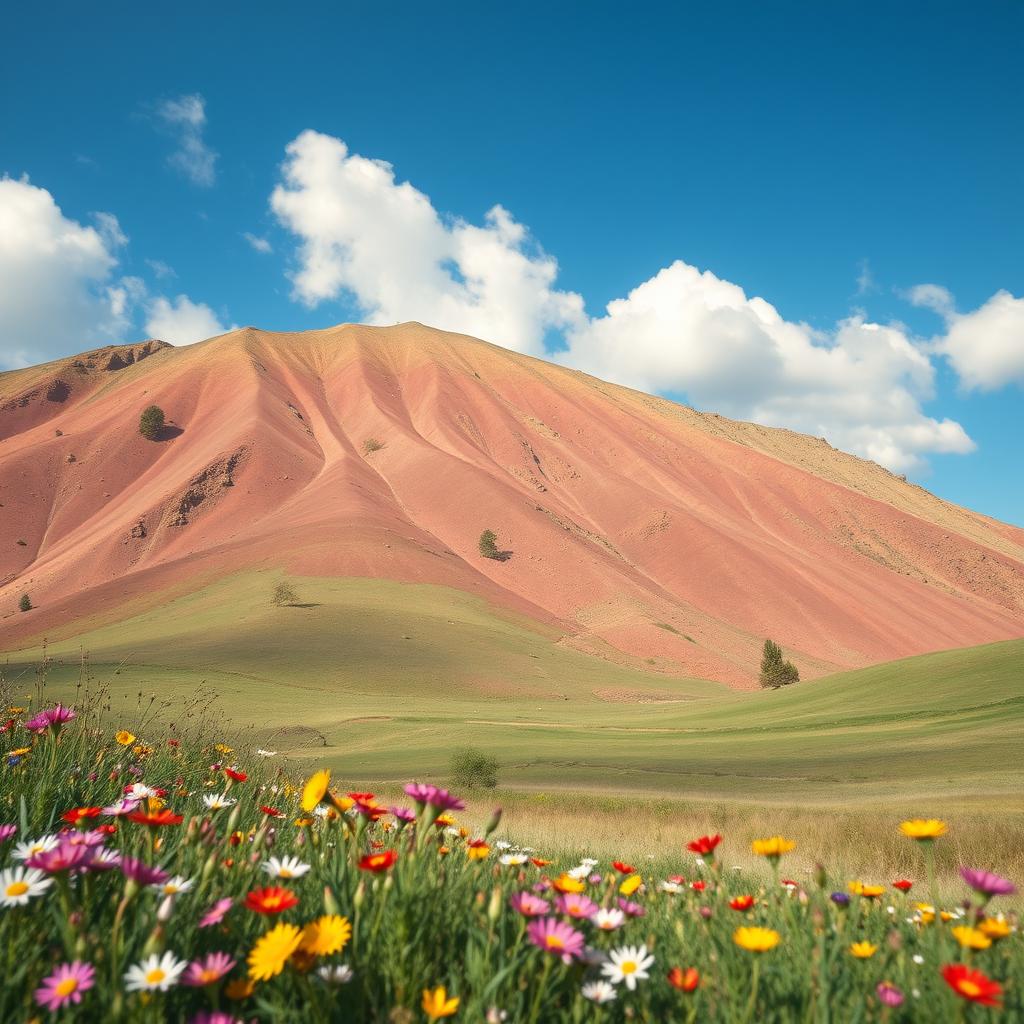 A serene landscape depicting a brown mountain that is transitioning in color to a light green hue, showcasing the natural beauty of the terrain