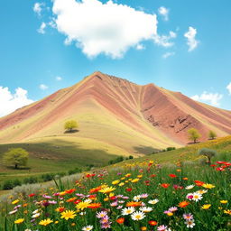 A serene landscape depicting a brown mountain that is transitioning in color to a light green hue, showcasing the natural beauty of the terrain