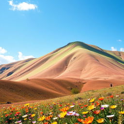A serene landscape depicting a brown mountain that is transitioning in color to a light green hue, showcasing the natural beauty of the terrain