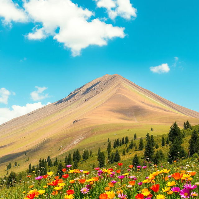 A serene landscape depicting a brown mountain that is transitioning in color to a light green hue, showcasing the natural beauty of the terrain