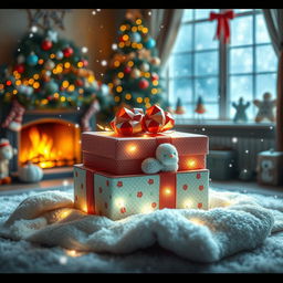 A charming and whimsical scene capturing the joy of Christmas, featuring a beautifully wrapped gift box in the center surrounded by twinkling fairy lights