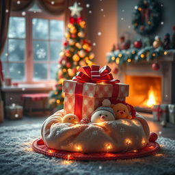 A charming and whimsical scene capturing the joy of Christmas, featuring a beautifully wrapped gift box in the center surrounded by twinkling fairy lights